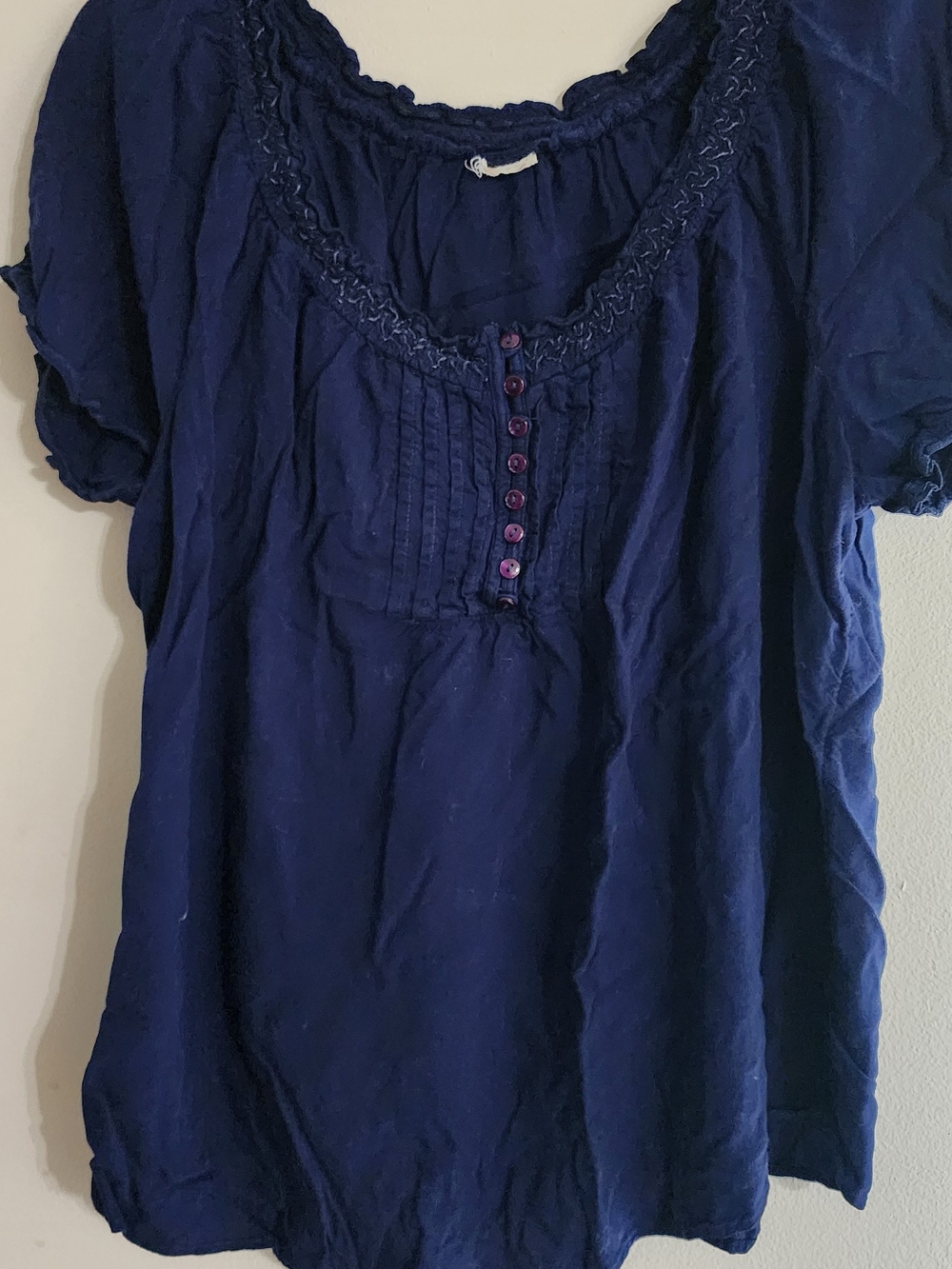 Lucky Brand Blue Sapphire Rayon Peasant Top Embroidered Neckline Size XXL / 2X